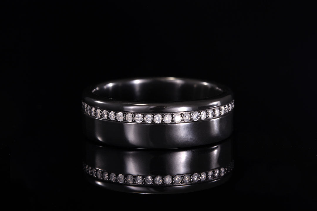 Mens black zirconium ring with offset diamonds, Chasing Victory