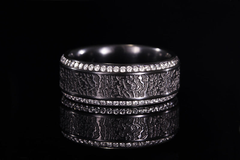 black wedding ring with diamond edge, tree bark engraving, Zirconium