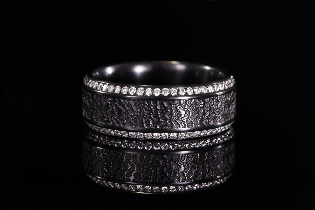 Black zirconium tree bark ring with diamond edge, Chasing Victory, engagement rings, mens wedding rings, wedding band