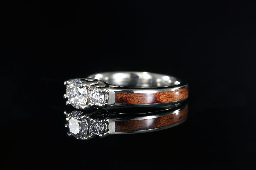 Bubinga waterfall engagement wedding ring, wooden band, silver lining