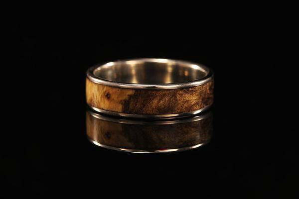 White gold and wood wedding ring, womens buckeye burl ring