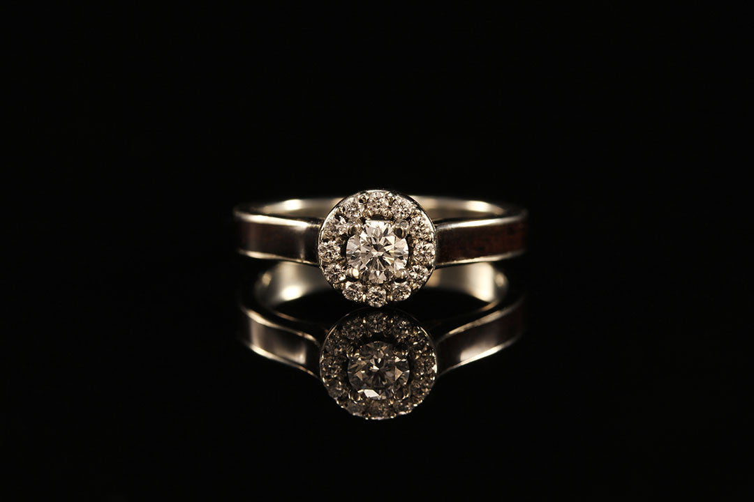 Ebony wood 14K white gold diamonds Halo ring, Chasing Victory, wedding rings, womens rings, dark band