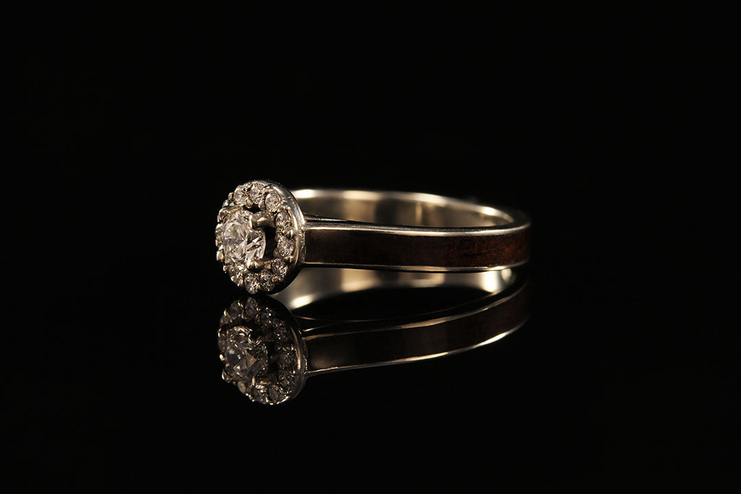 Ebony Wood Ring, white gold diamond, 14K, halo ring, womens engagement ring