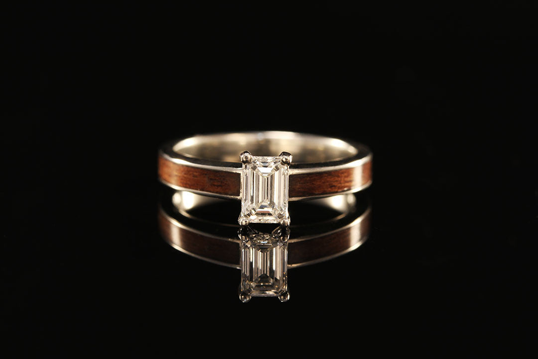 Walnut wood 14K white gold diamond tiffany ring, Chasing Victory, engagement ring, wedding ring