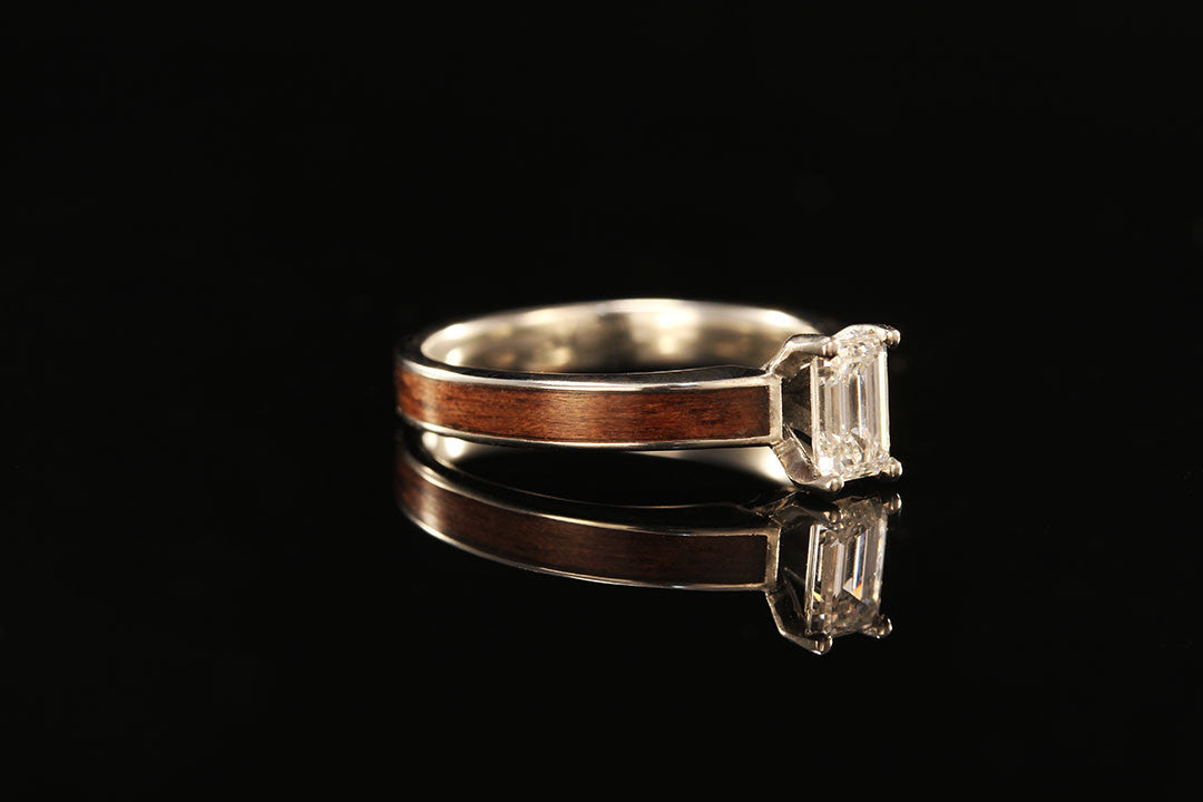 Walnut wood and white gold ring, side view walnut wood band