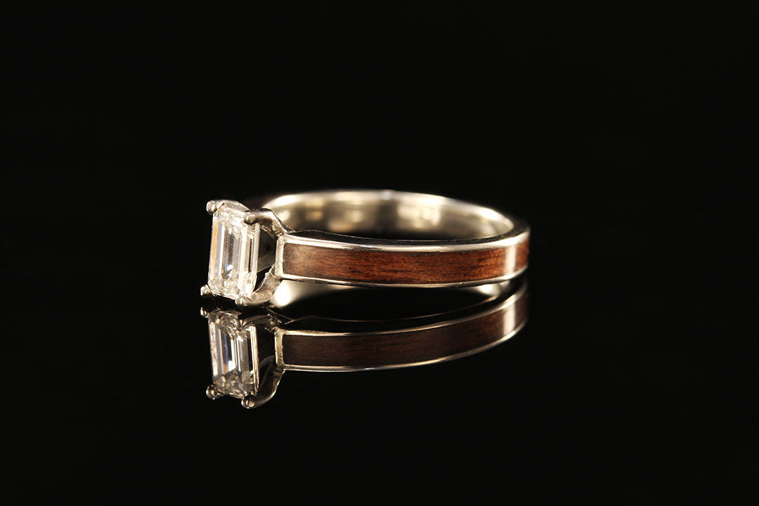 A Stunning Wooden Engagement Ring, walnut wood band, white gold diamond, tiffany ring, Chasing Victory