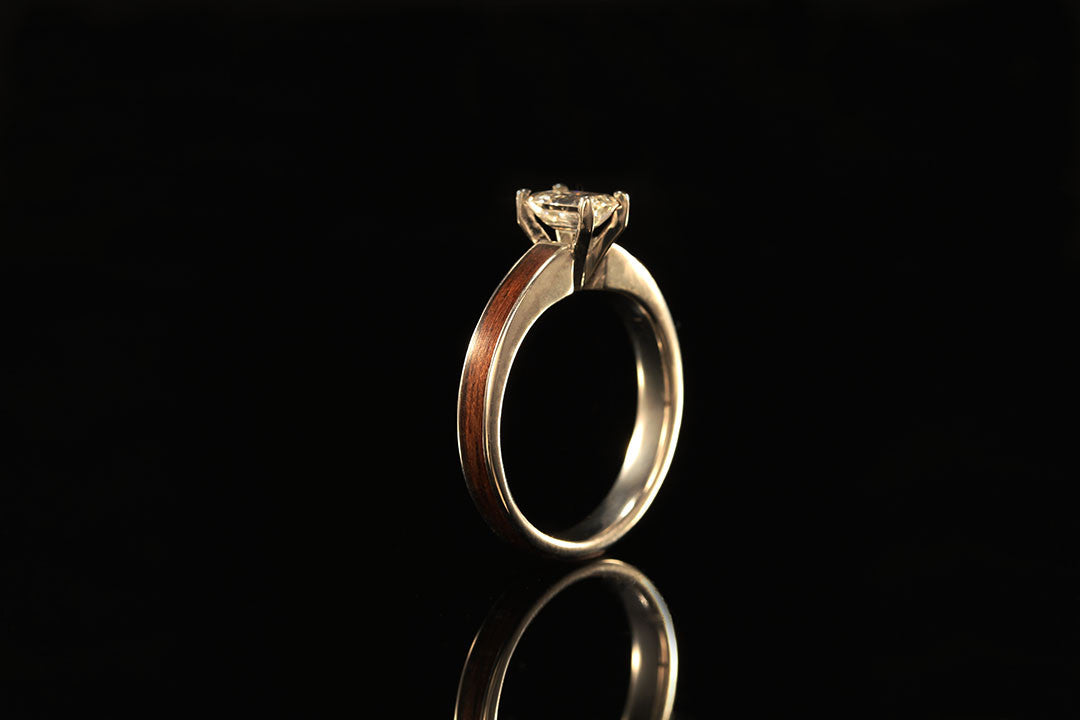 Diamond Tiffany, Gold and Wood Engagement Ring, upright view, interior golden band