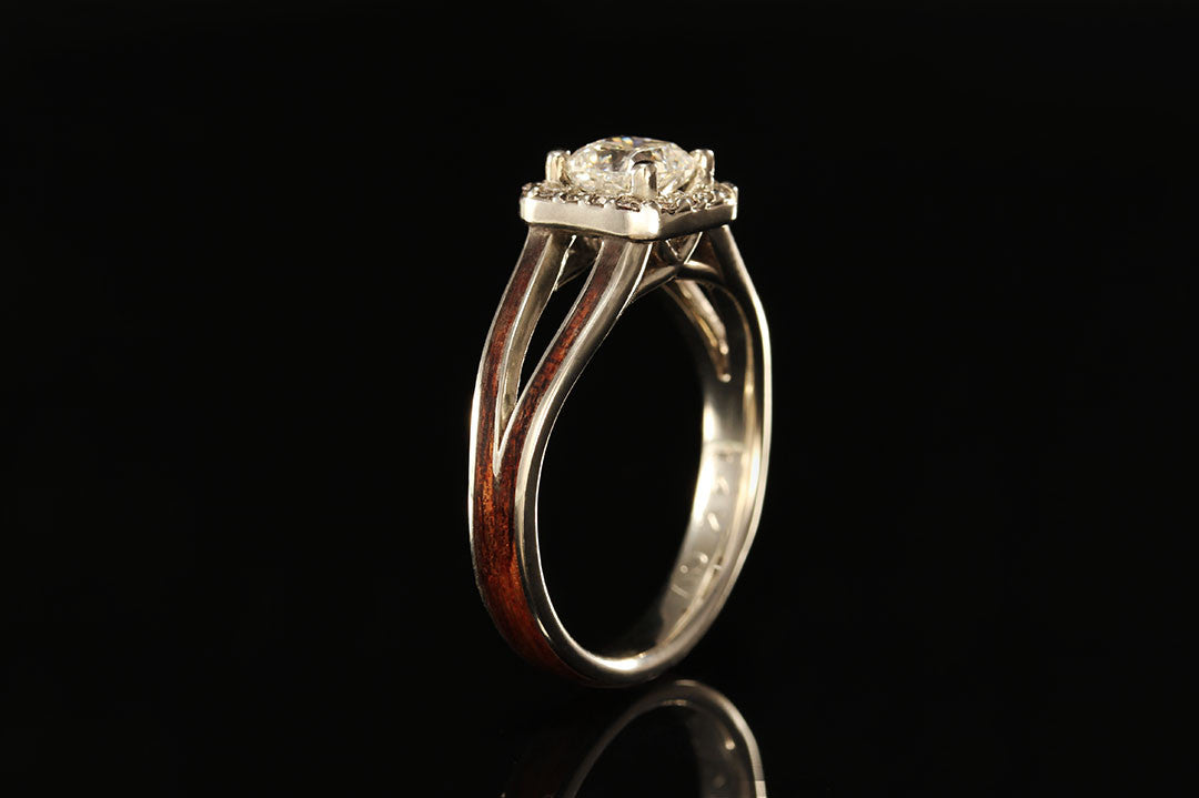 wood engagement ring with multiple diamonds, upright view, golden and wood band, Halo diamond