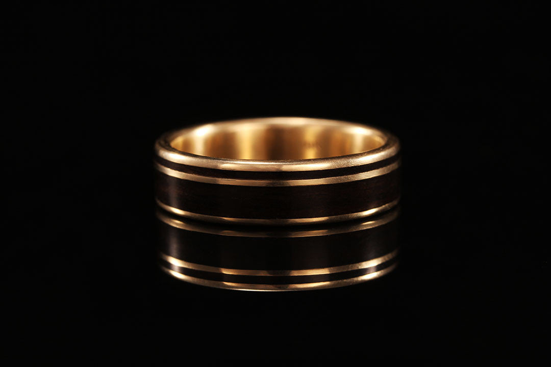 Ebony 14K yellow gold offset inlay ring, Chasing Victory, wedding bands, wedding rings, golden interior