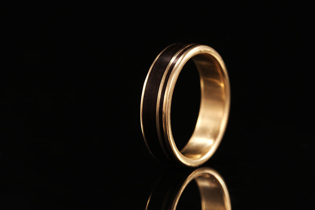 Gold and wooden mens ring, yellow gold ebony, mens ring, Chasing Victory, wedding rings