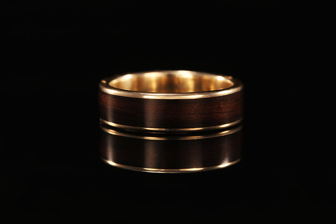 Ebony wood 14K yellow gold wide inlay ring, Chasing Victory, mans ring, wedding band