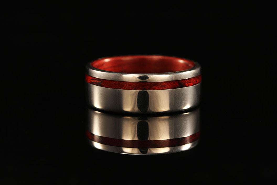 mens jarrah wood ring, 14K white gold wood interior wood offset ring, Chasing Victory, red brown wood