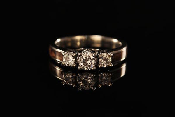 3 stone diamond engagement ring with wood band, Chasing Victory