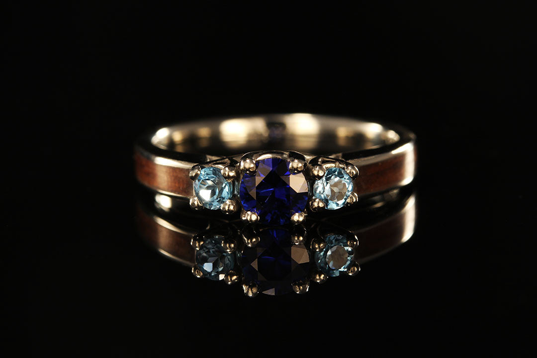 Walnut wood 14K white gold sapphire/topaz 3 stone curve ring, Chasing Victory