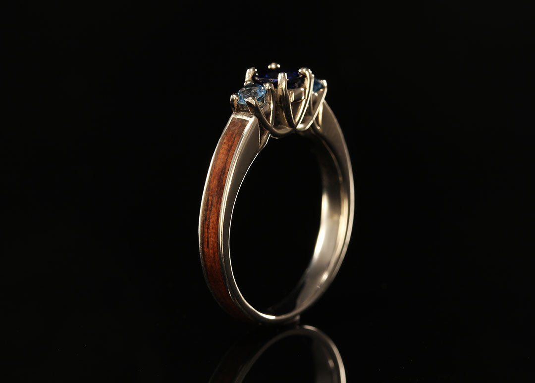 Engagement Ring that is Made of Wood and Gold Upright View, interior golden band