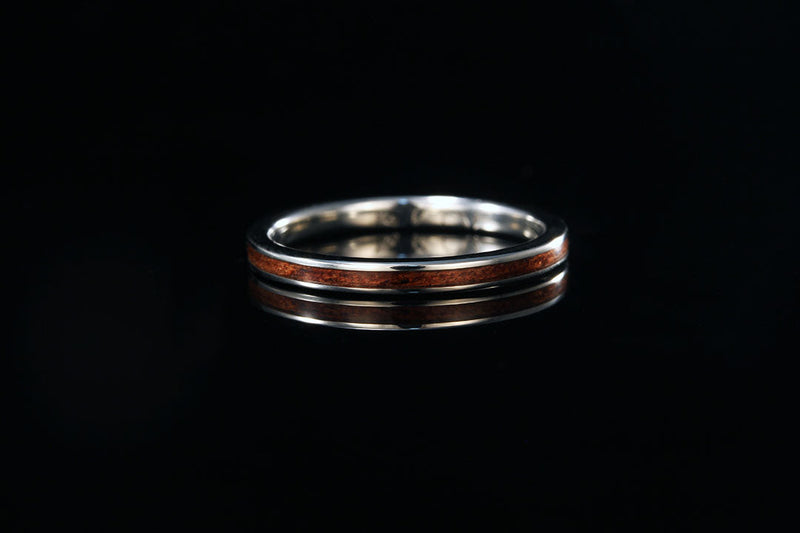 Wood wedding white gold ring, Koa wood, silver lining, Chasing Victory, Hawaiian