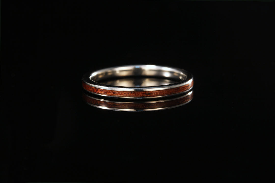 Womens white gold wood wedding ring, Koa wood wedding ring