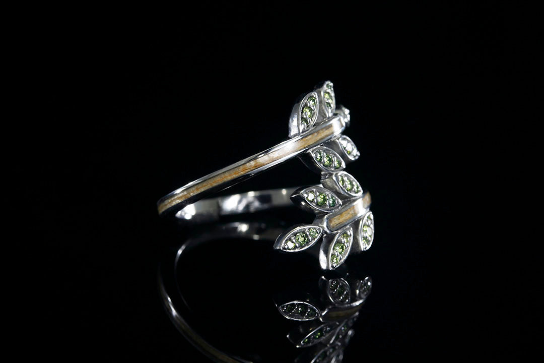 elvin leaf style ring, eucalyptus leaf, split band, Chasing Victory