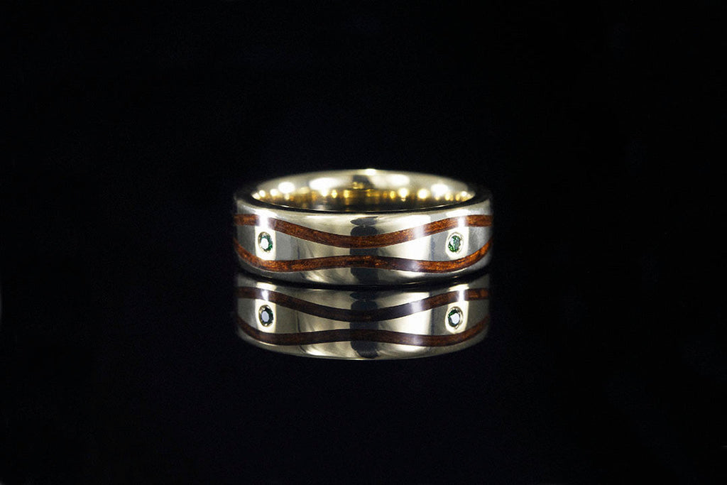 WINDSWEPT HAWAIIAN KOA RING WITH DROPS OF APPLE GREEN DIAMONDS