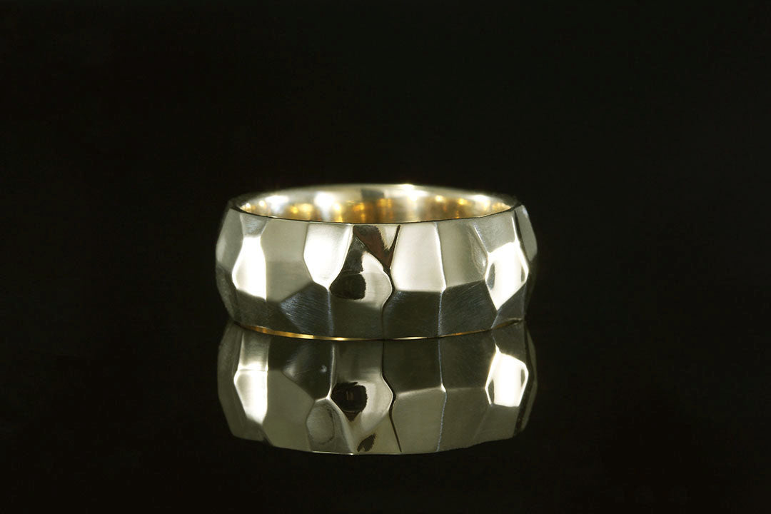 Mens faceted yellow gold ring, Chasing Victory, golden ring