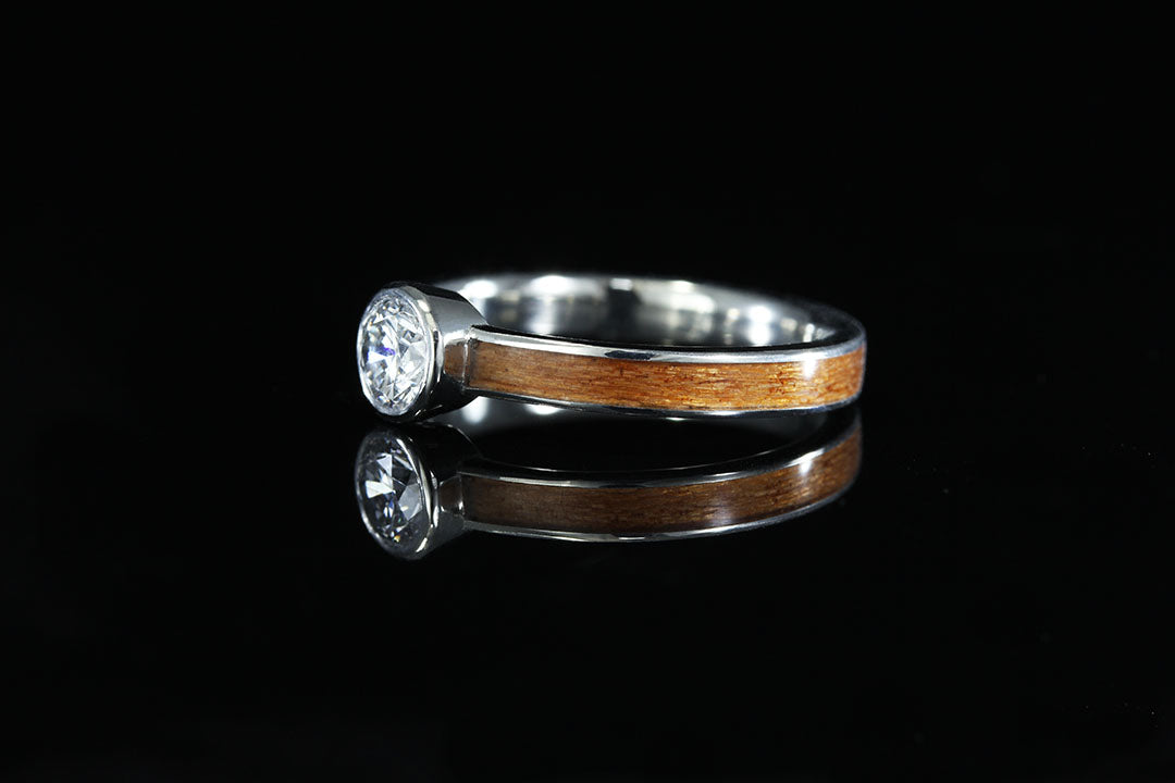 diamond and gold cherry ring left side view, 14K Gold Bezel Set Diamond Cherry Wood Ring, Chasing Victory