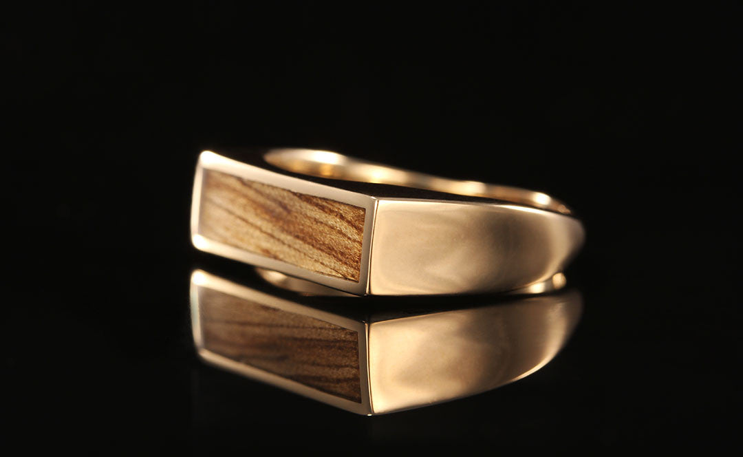 yellow gold and black limba wood, mens wedding ring, Chasing Victory
