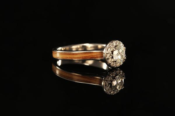 Women's Platininum Diamonds Ring, side view, Bethlehem Olive Wood Halo Ring